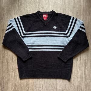 Ecko Unltd Navy/Light Blue Striped V-Neck 90s Y2K Oversized Sweater Size Large